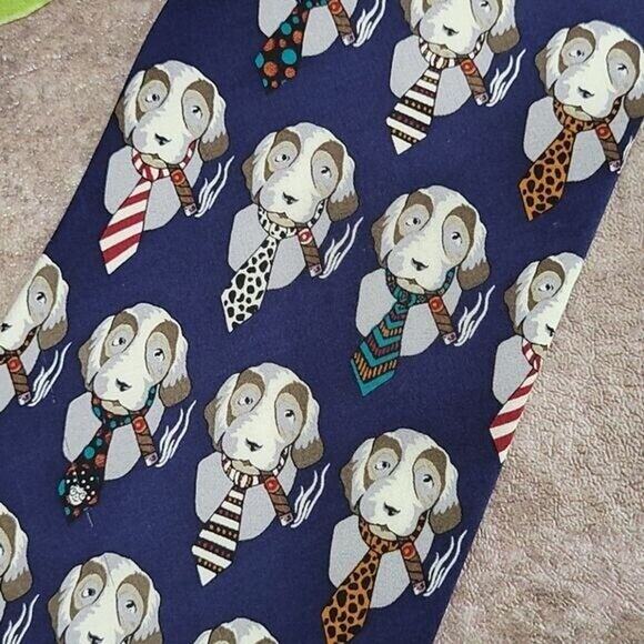 Vicky Davis "Cigar Hound" Dog Print Men's 100% Silk Classic Necktie - Picture 2 of 8